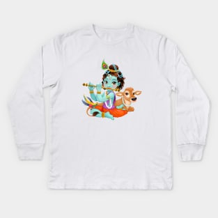 Baby Krishna with sacred cow Kids Long Sleeve T-Shirt